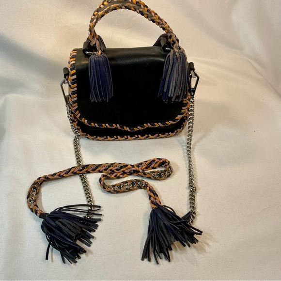Rebecca Minkoff Handbags - Rebecca Minkoff Black Leather Crossbody Bag Silver Chain Braided Tassels Boho
